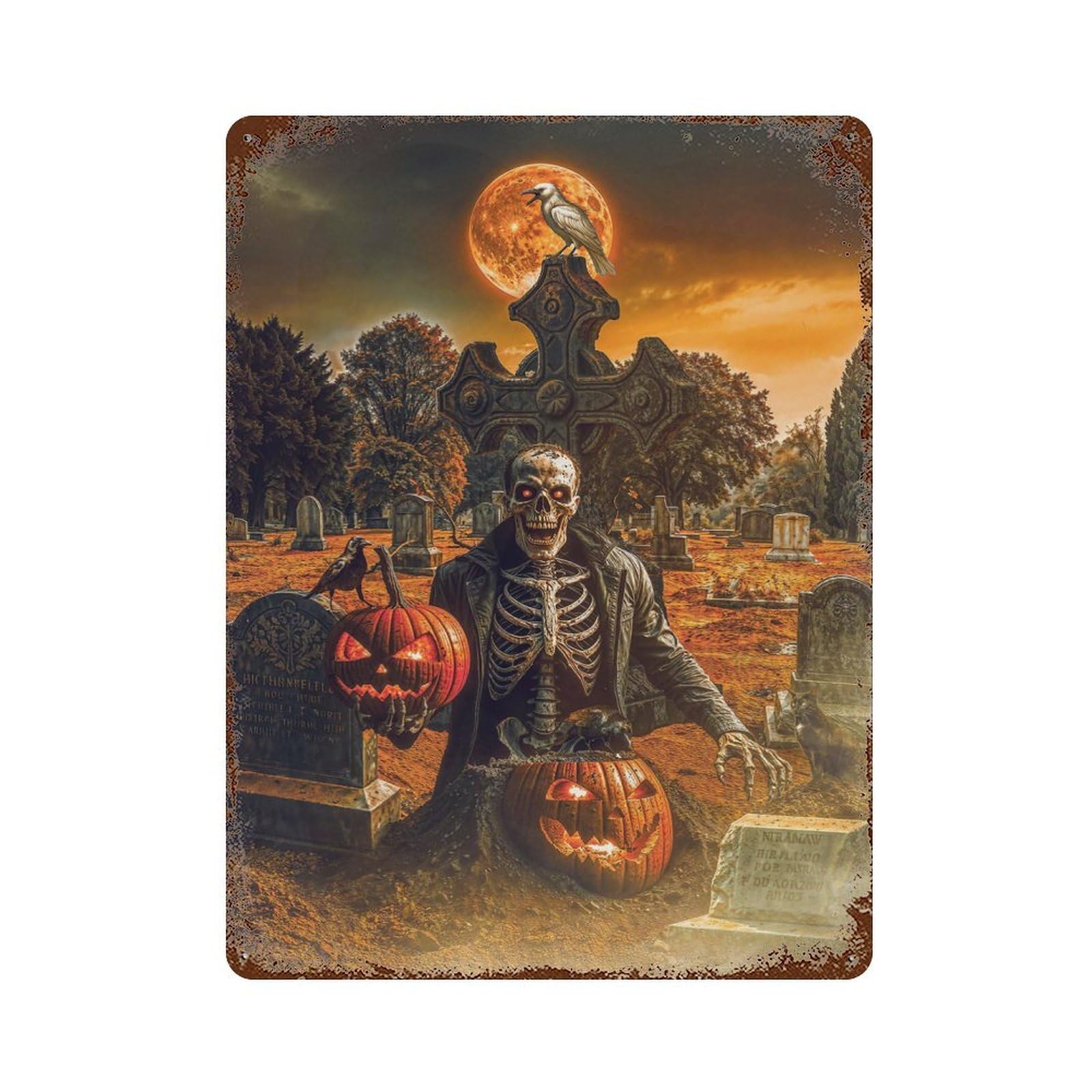 Skeleton with Pumpkins on Halloween 15.7"x11.8" Aged Metal Wall Plaque, Classic Wall Plaque for Basement, Hobby Room And Garage Decor