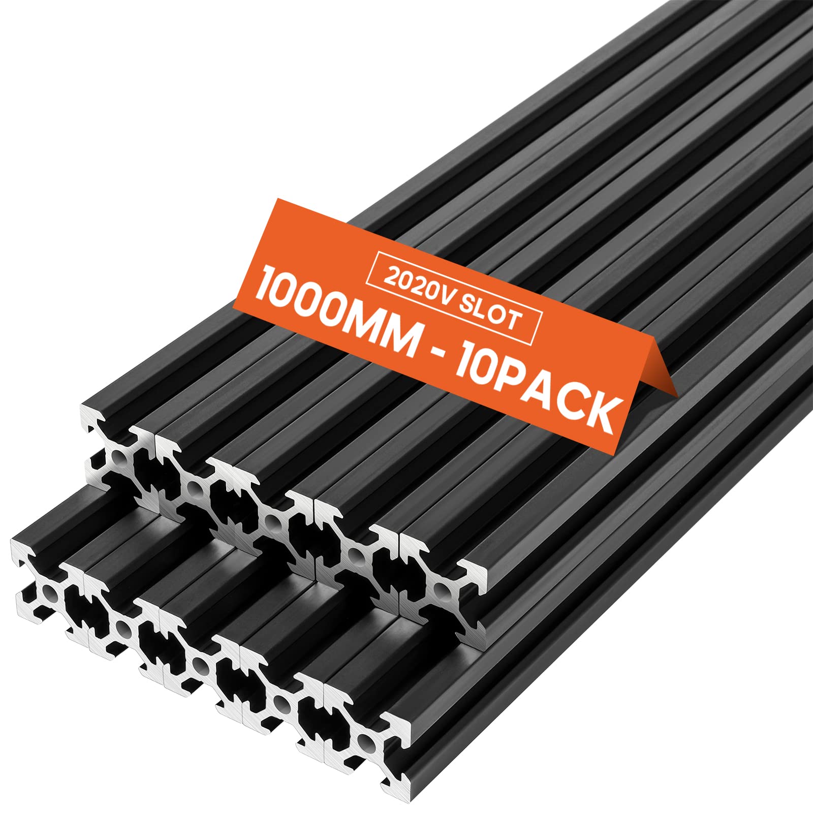1000mm 10Pcs Aluminum Extrusion European Standard 2020 V Slot Anodized Linear Rail for 3D Printer Parts and CNC DIY Black