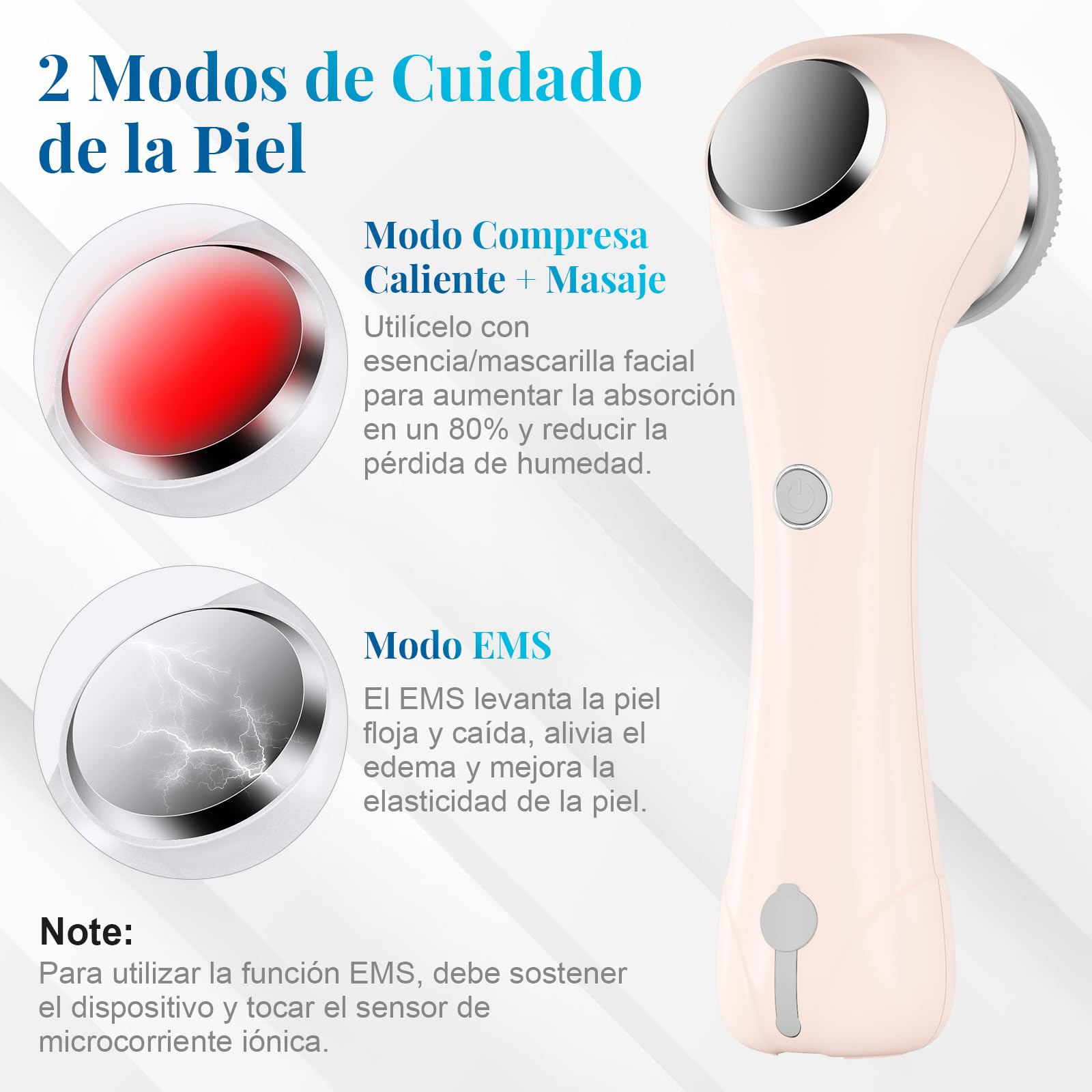 Cepillo facial eléctrico 2 en 1, IPX6, rosa | 4 cabezales, EMS+calor+vibración, 120 min, todos tipos de piel, ideal viaje