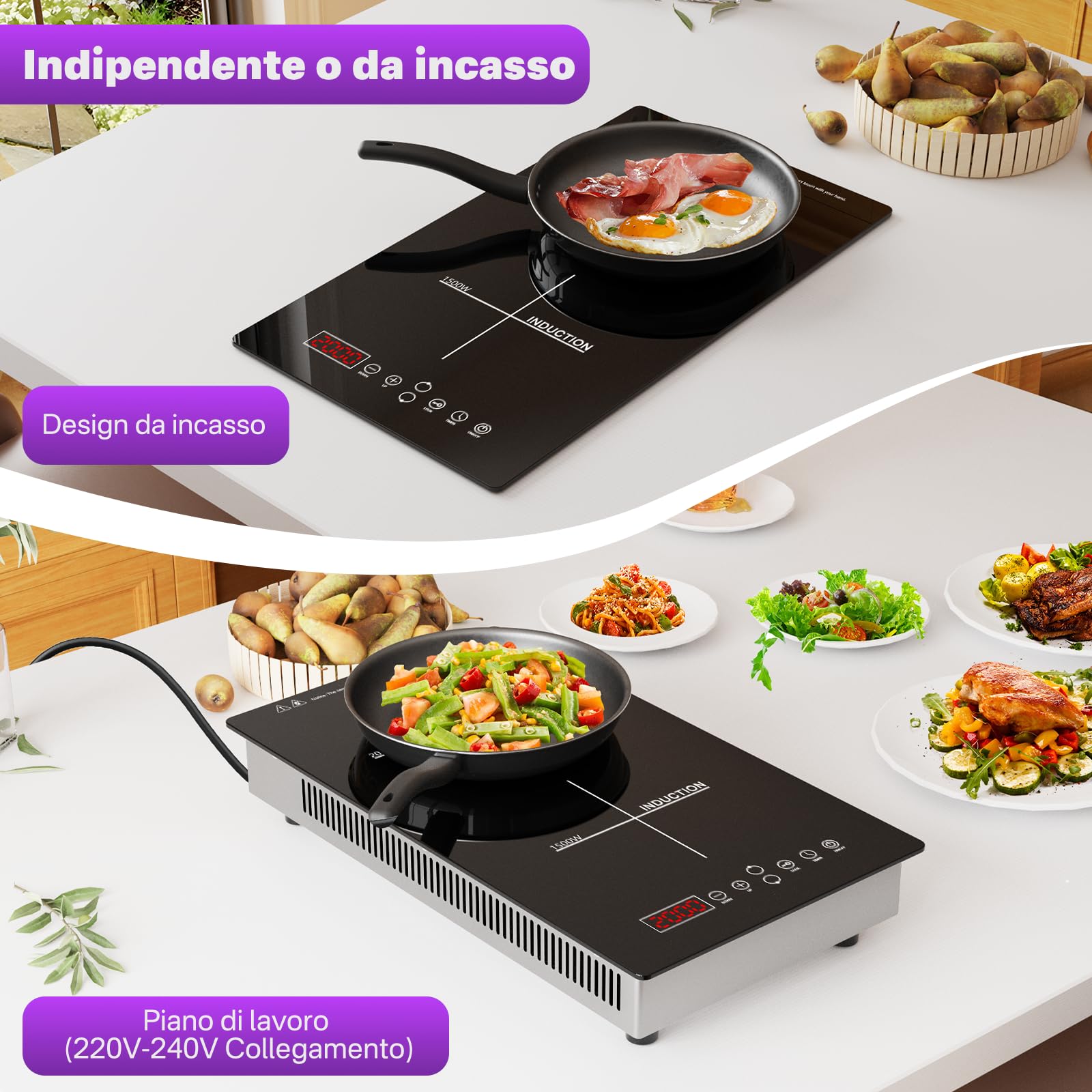 Piano Cottura a Induzione Doppio, 3500W Cucina Elettrica Portatile 2 Zone 2000W+1500W, 8 Livelli di Potenza, Timer, Blocco Bambini, Da Incasso o Da Appoggio 220-240V