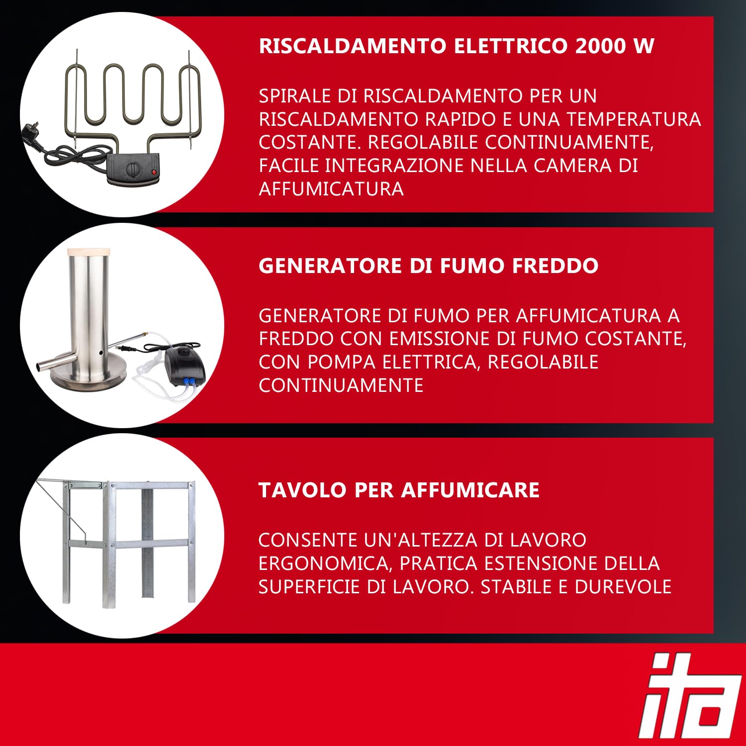 ITA Fumoir Électrique 7002 - Set Affumicatore con Riscaldamento, Tavolo, Generatore di Fumo - Armadio per Affumicatura con Finestra e Termometro - Acciaio Inox - Qualità UE - 81 cm con 3 Livelli