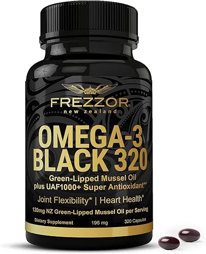 FREZZOR Omega 3 Black 320 para el cuidado y comodidad de las articulaciones, cápsulas de aceite de mejillón de labios verdes de Nueva Zelanda 53