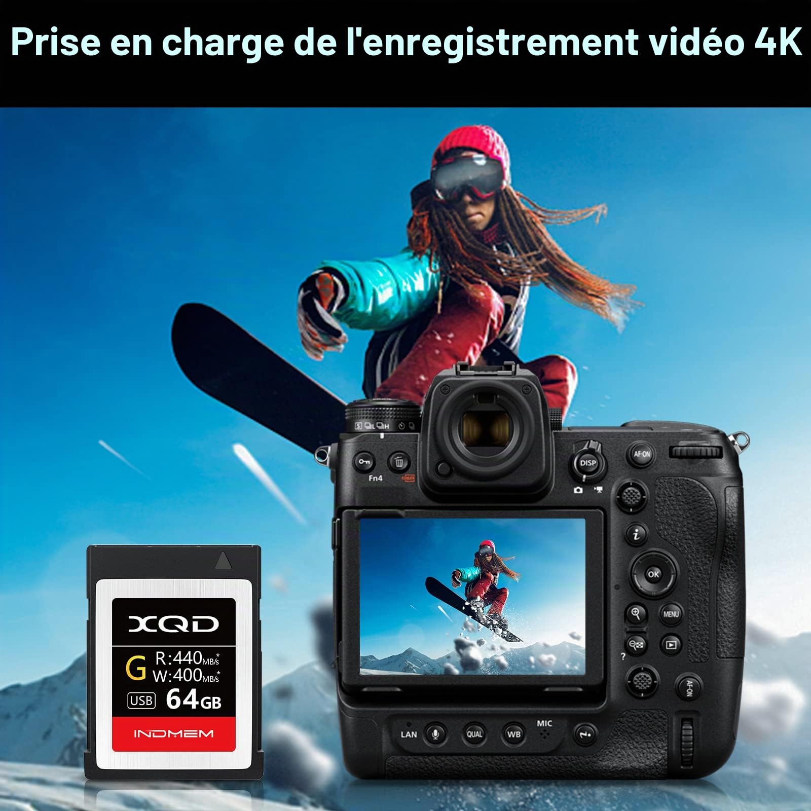 INDMEM Carte mémoire XQD 5X 64 Go MLC XQD Flash High Speed Série G (lecture 440 Mo/s et écriture 400 Mo/s)