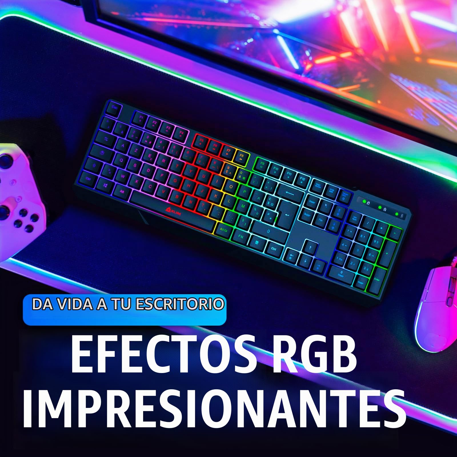 KLIM Chroma Teclado Gaming en French AZERTY Wireless – Alto Desempeño – Retroiluminación a Color Estilo Gaming – Teclado para Juegos - Nueva Versión