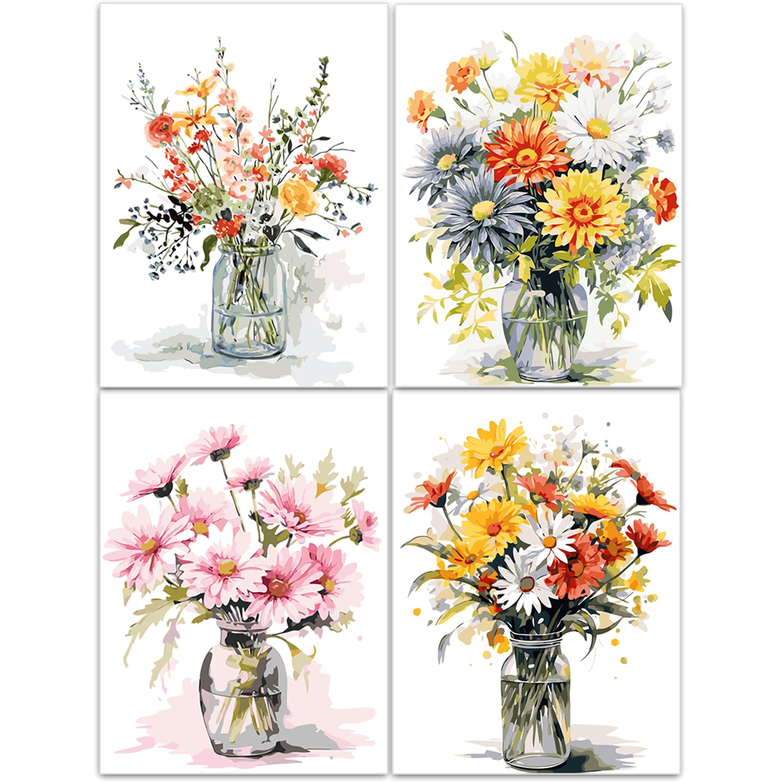 Pintar por Numeros Adultos, 4 piezas Pintura por Números Flores, Pintura al óleo para Principiantes, Paint by Numbers con Pinceles Pigmento Acrílico para Decoración del Hogar Sin Marco 30 x 40cm