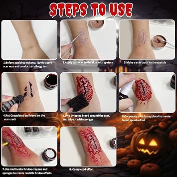 Halloween Makeup Kit, Scar Wax SFX Makeup Kit Fake Blood Set, Kit Includes Scar Wax, 6 Colors Bruise Face Body Paint Crayon, Fake Blood Spray+Dripping+Coagulated Gel, Spatula Sponges Tool (Set A)