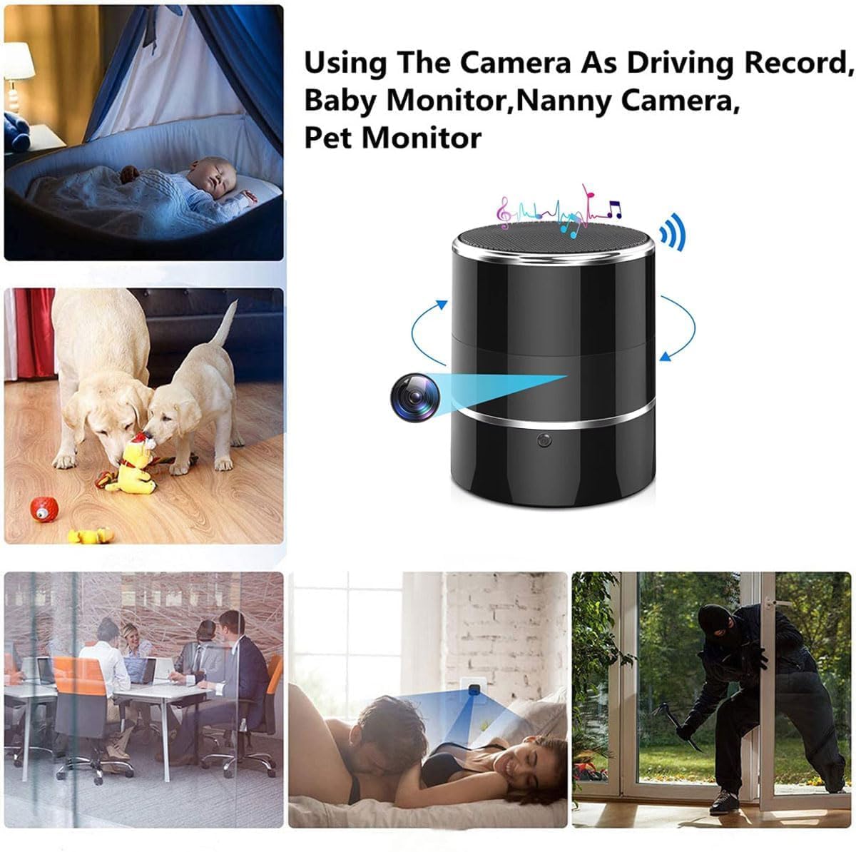 Telecamera spia nascosta con obiettivo rotante a 180°, telecamera wireless HD 1080p, altoparlante Bluetooth WiFi, rilevamento del movimento, app per streaming live, adatta per il monitoraggio