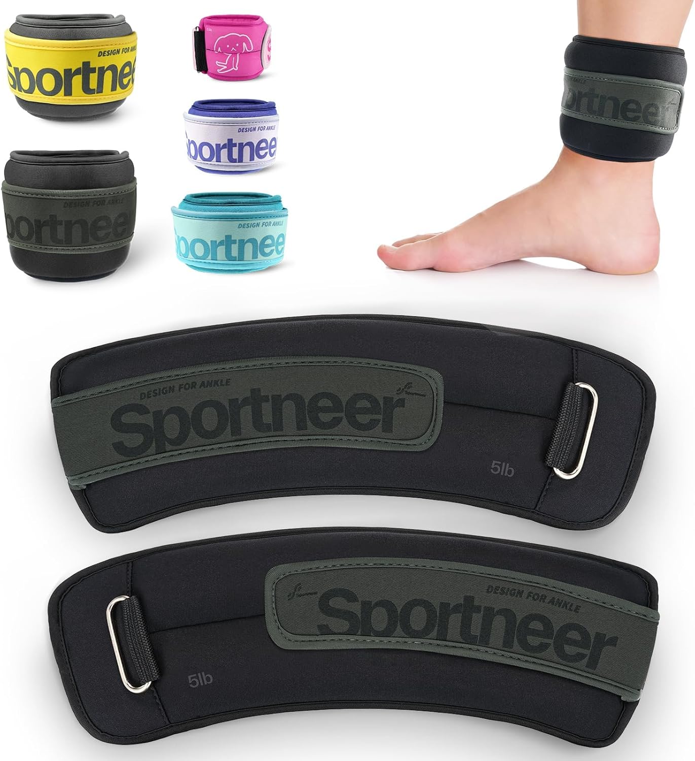 Sportneer Ankle Weights 0.5/1/2/3/5 LBS 1 Pair Wrist Leg Arm Weights for Women Men Kids Child with Adjustable Straps, Strength Weighted for Jogging Running Walking Fitness Gym Workout Black 5 lbs x 2
