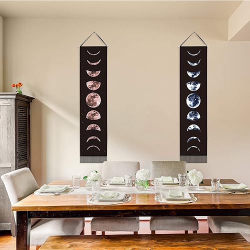Miniatura 3 de Boao 2 tapices de fase lunar para colgar en la pared, de 12 x 53 pulgadas, tapiz artístico de luna, nueve fases del ciclo de crecimiento completo de