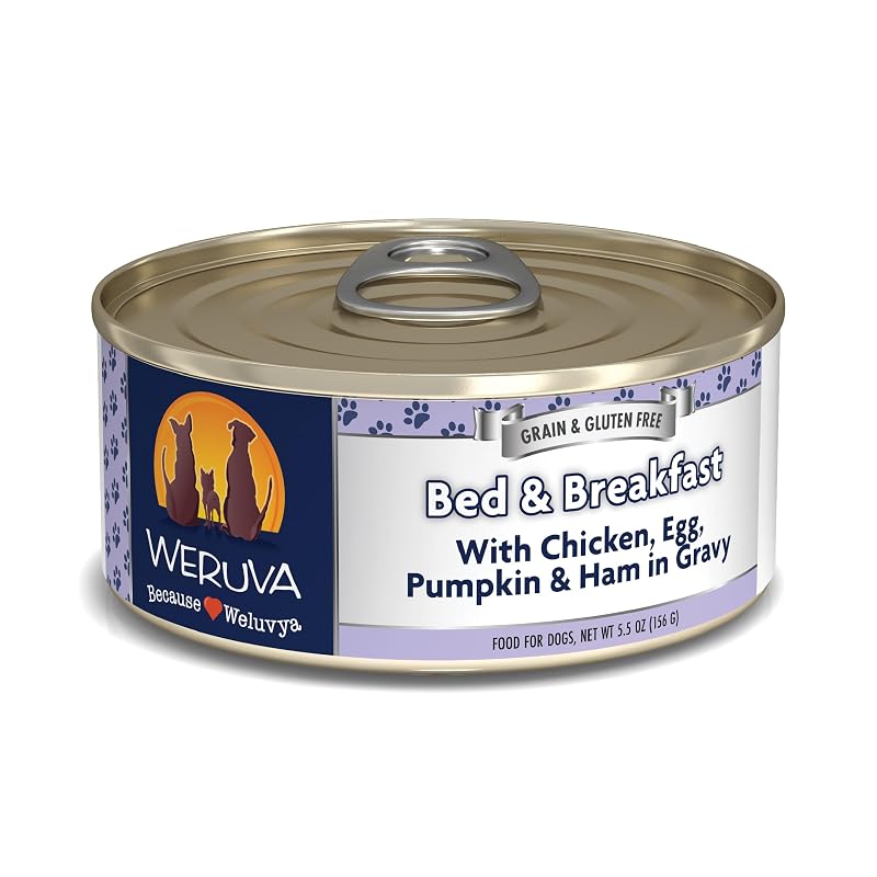 Ração úmida para cães Weruva Bed & Breakfast com frango, ovo, abóbora e presunto ao molho, Pacote com 24 latas de aproximadamente 154 g