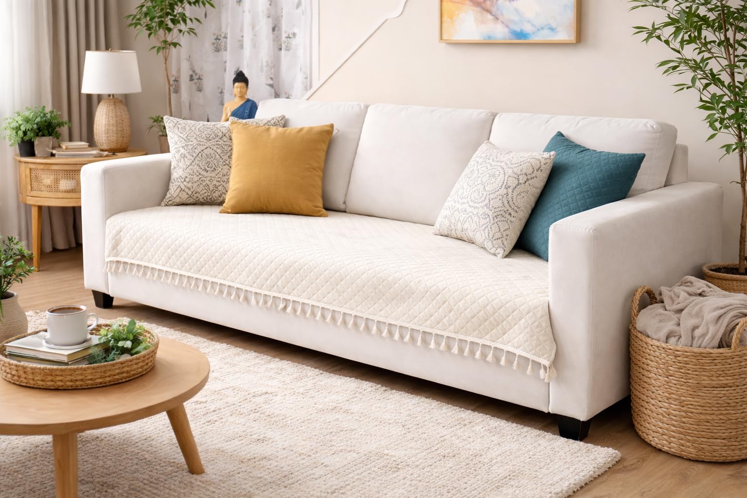 3-Seater Quilted Velvet Sofa Cover with Tassels | Geometric & Solid Color Design | Elegant Sofa Protector for Living Room | Soft, Washable & Stylish Home Decor (Offwhite)-image-7