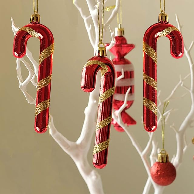HERZWILD 12pcs gold Christmas Tree Candy Cane Hanging Ornaments Christmas Tree Pendant 12cm for Christmas tree Decorations (gold-red)