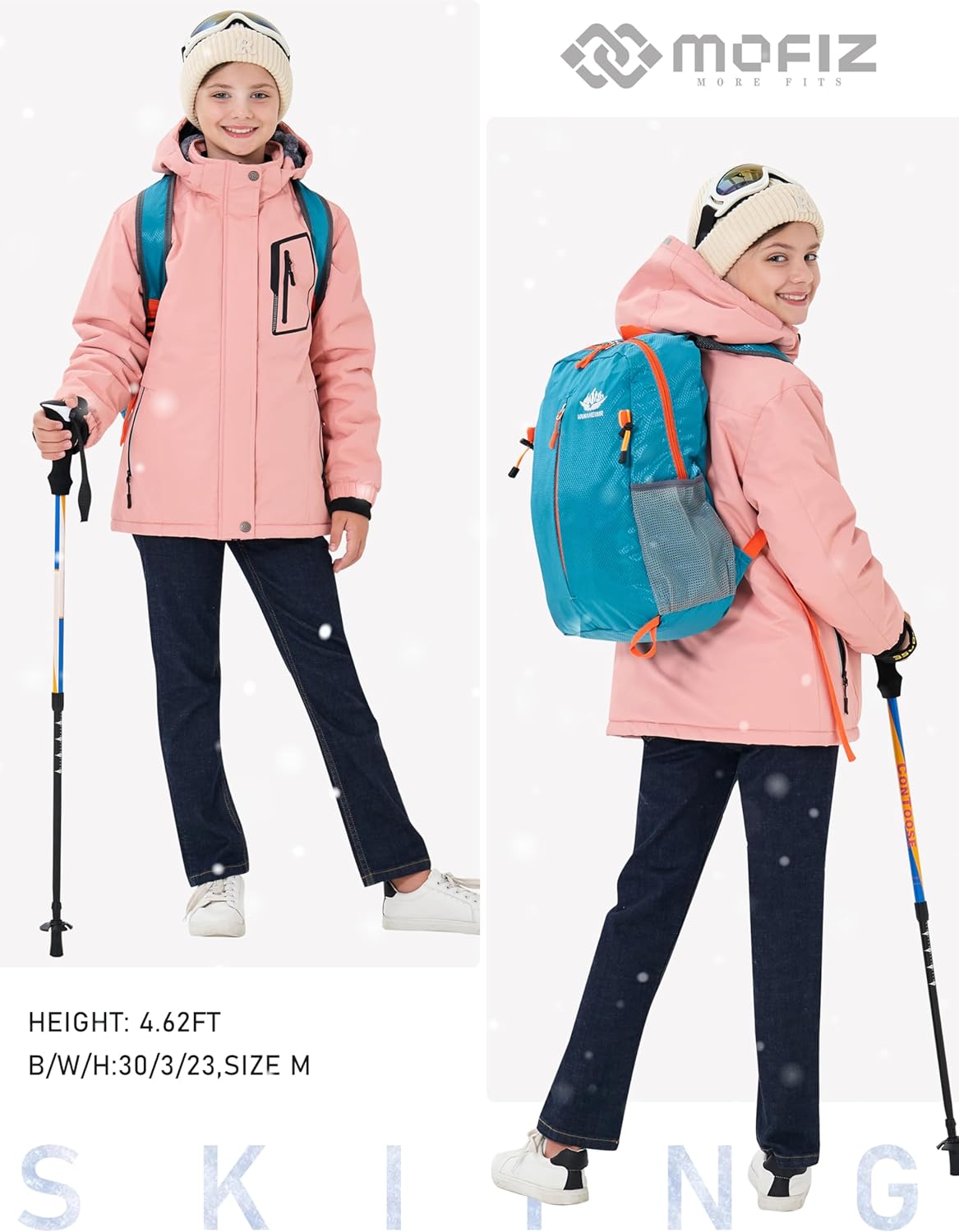 MoFiz Girls Ski Jacket Waterproof Fleece Lined Snowboard Jacket Warm Winter Snow Coats with Removable Hood - Image 6