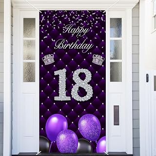 Happy 18th Birthday Purple Banner Backdrop Background Photo Booth Props Balloons Silver Crown Theme Decor for Girl Eighteen Year Anniversary 18 Years Old Birthday Party Favors Supplies Decorations