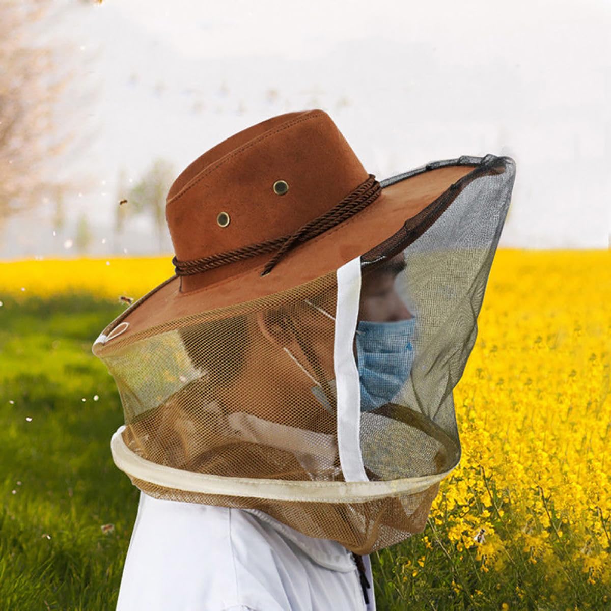 Levemolo Cappello da Ape Protettivo con Velo a Rete Traspirante e Guanti da Apicoltore Copricapo Integrale con Maschera e Cordoncini di Fissaggio per Apicoltura e Attività All’Aperto
