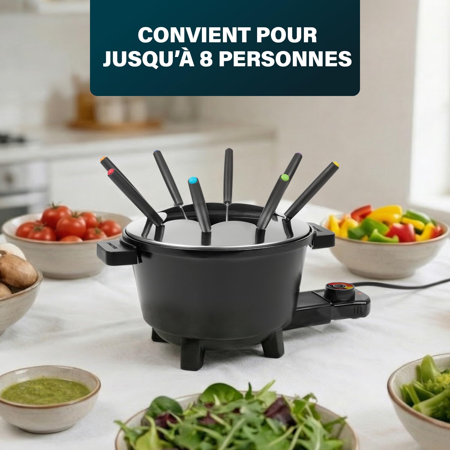 Princess Appareil à Fondue Noir, Capacité 1,5L, Thermostat Réglable, Revêtement Céramique, 8 Fourchettes Inox, Poignées Isolantes, 800W, Base Antidérapante, 01.173110.01.001