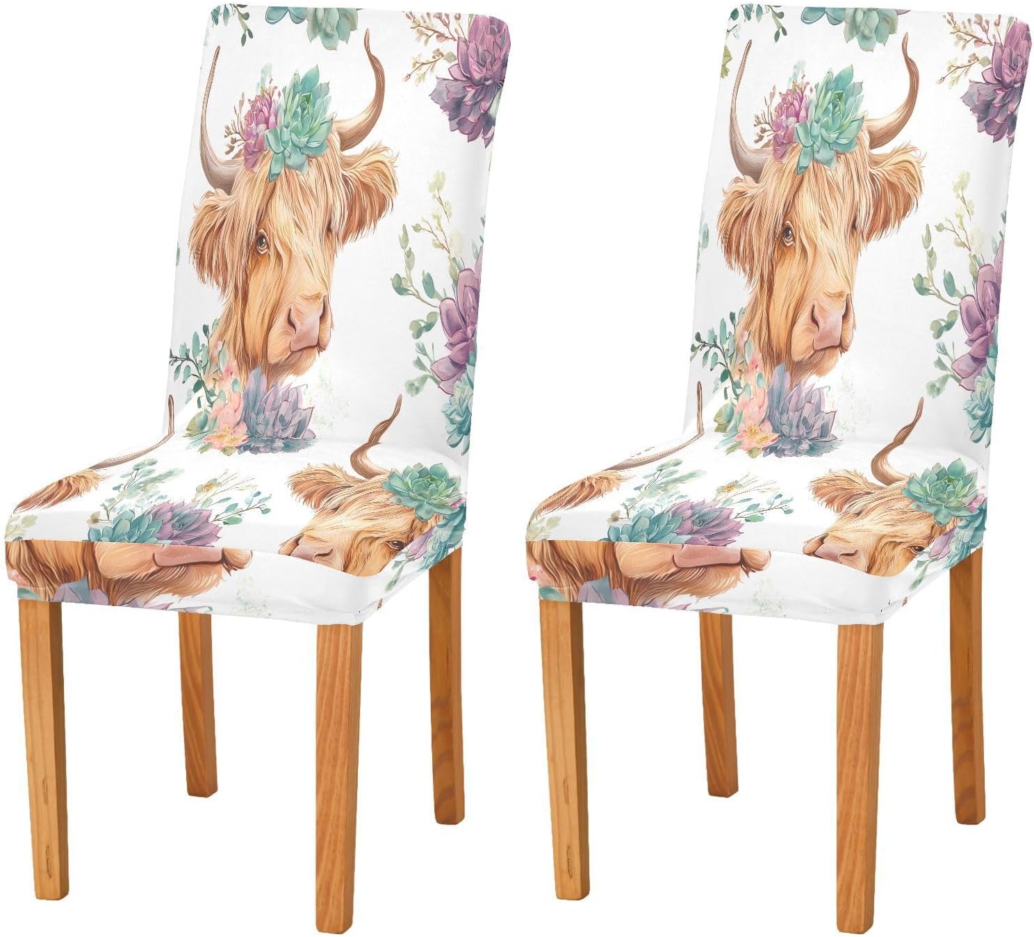 ALAZA Chair Covers for Dining Room, Highland Cattle Succulent Pattern Stretch Chair Cover Sets Chair Protector Removable Washable for Ktichen Restaurant Hotel