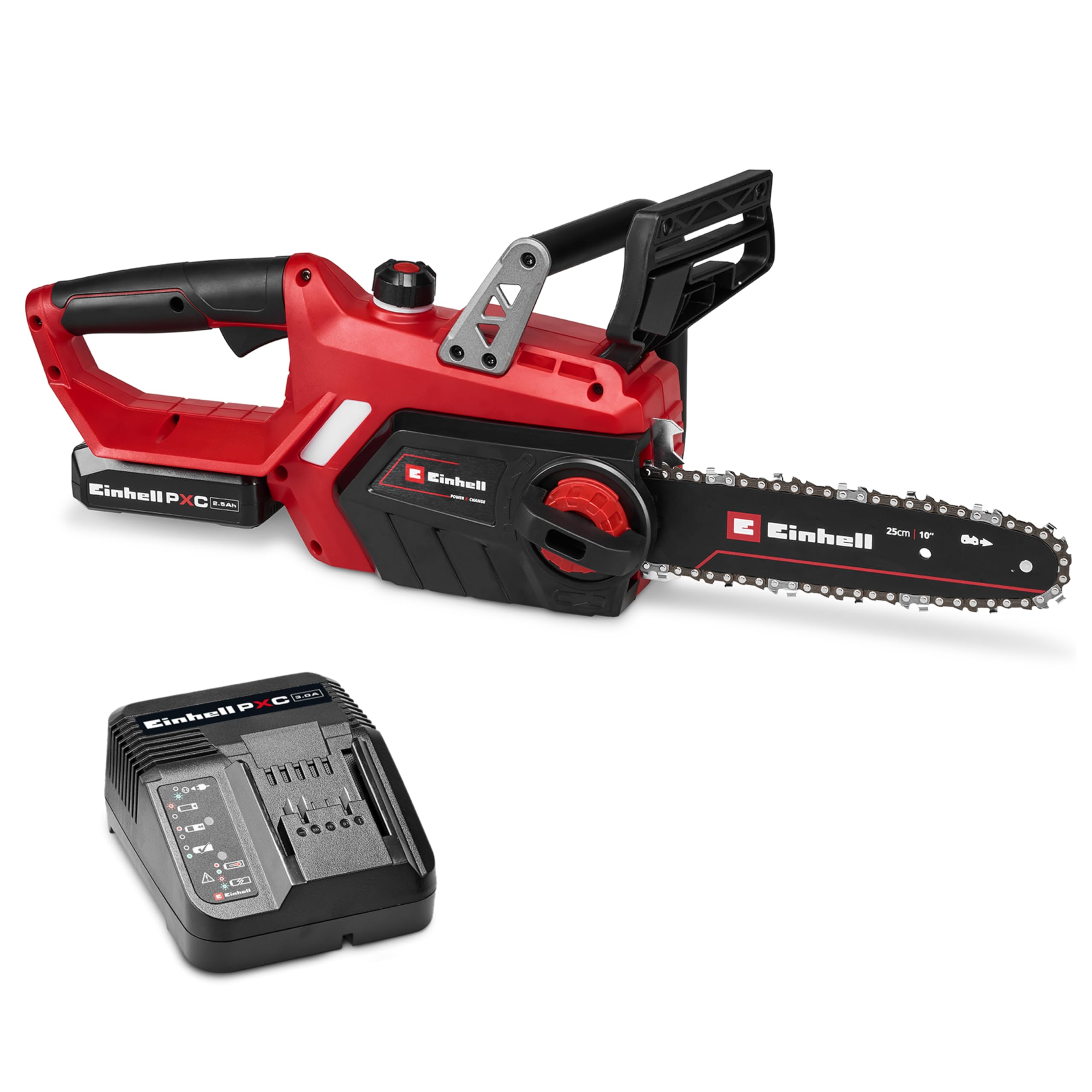 Einhell Akumulatorowa piła łańcuchowa GE-LC 18/25-1 Li Kit (1 x 2,5 Ah), PXC (18 V, długość cięcia 23 cm, prędkość łańcucha 4,5 m/s, automatyczne smarowanie, z akumulatorem i ładowarką)