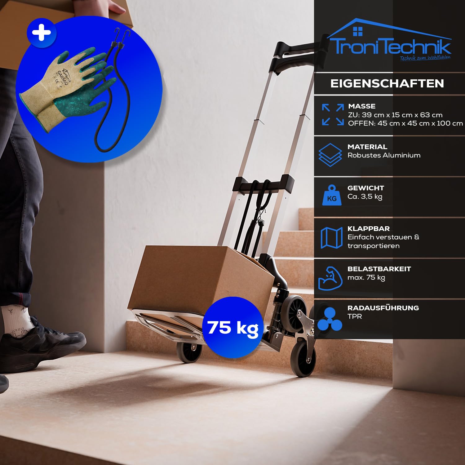 Tronitechnik® Sackkarre Handkarre klappbar für Treppen, Transportkarre bis 75kg - Karre für Pakete, Transportwagen für Pakete, Gepäck und Einkauf - Vollgummireifen, höhenverstellbar
