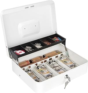 Sumerfnt Cash Box with Lock and Money Tray Money Box for Cash, Metal Lock Box for Money Cash Register - 11.8" x 9.4" x 3.54" White