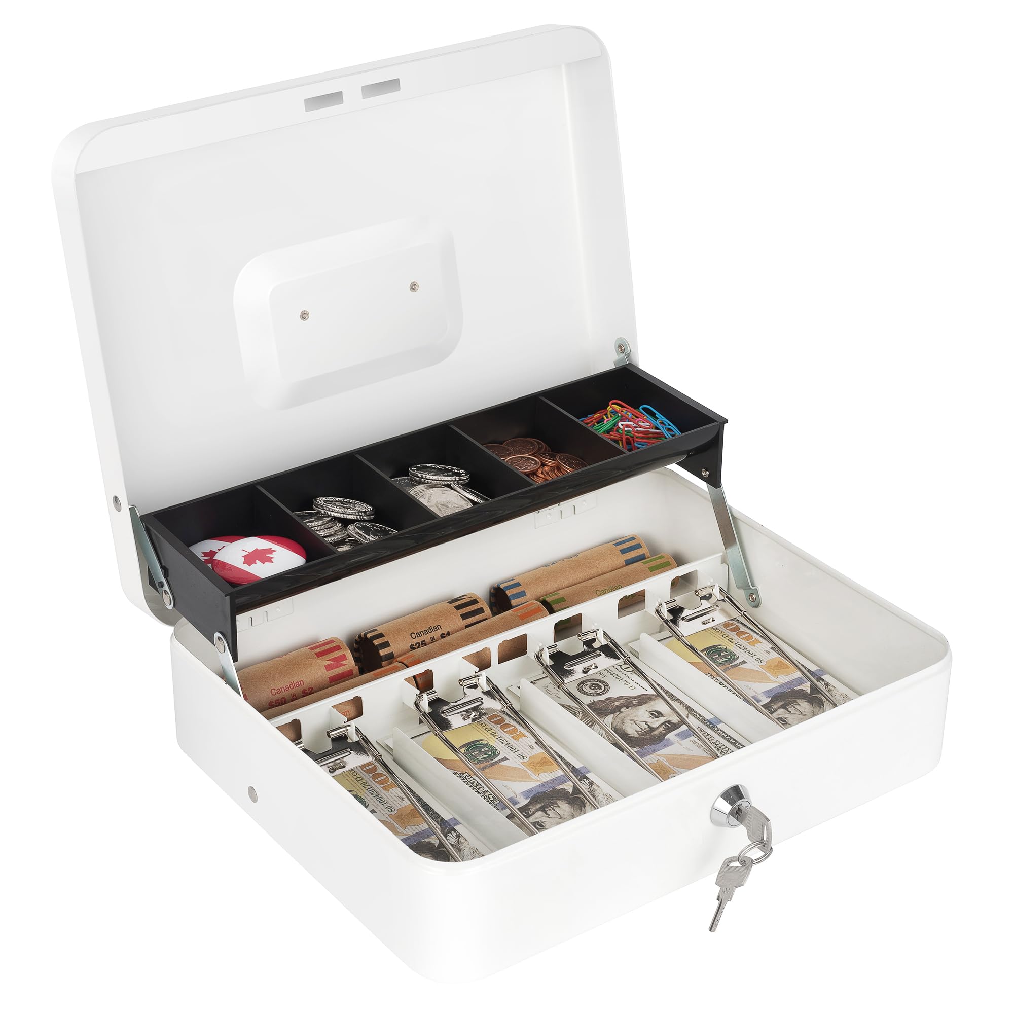 Photo 1 of Sumerfnt Cash Box with Lock and Money Tray Money Box for Cash, Metal Lock Box for Money Cash Register - 11.8" x 9.4" x 3.54" White