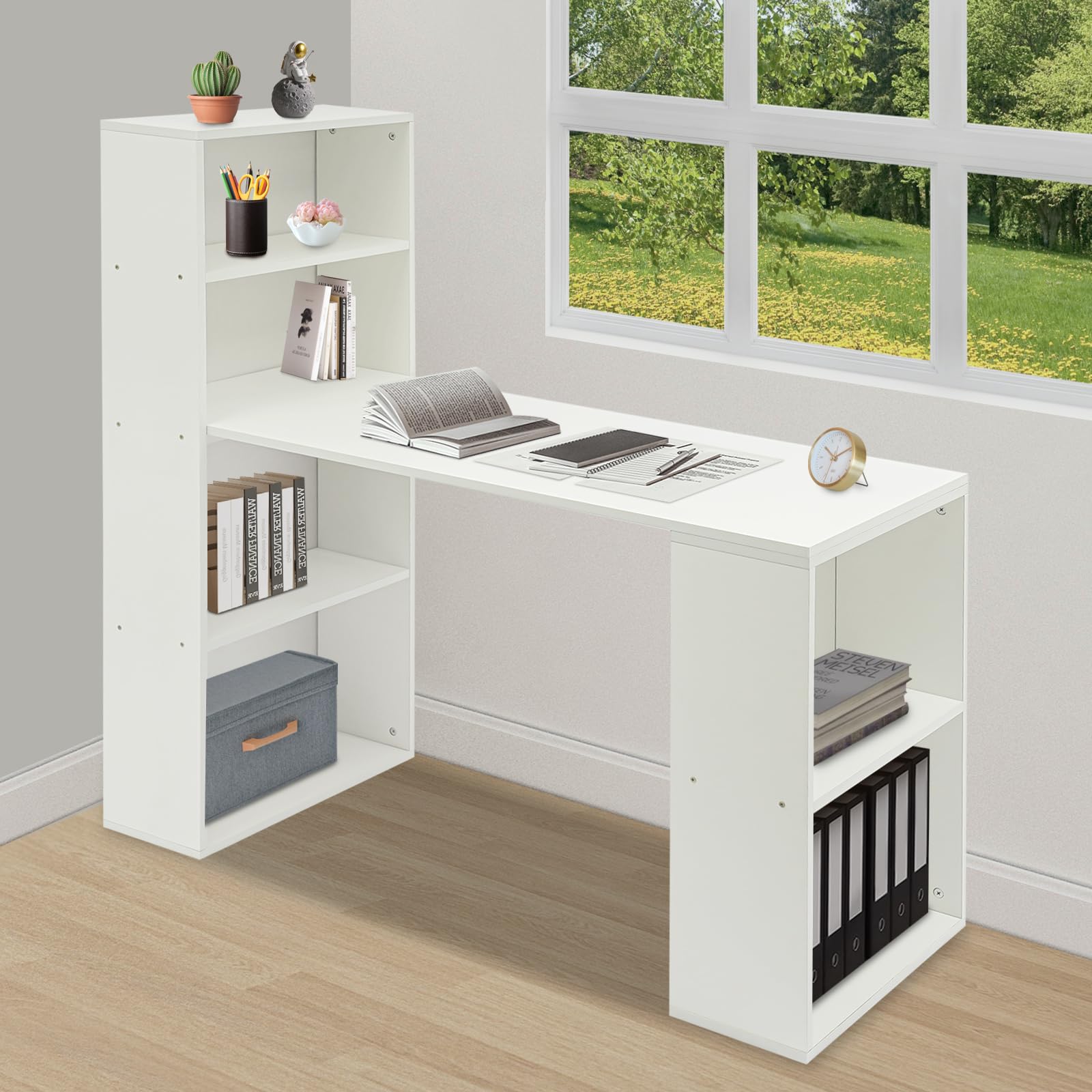 Scrivania con vano portaoggetti, scrivania per computer con ripiani aperti, tavolo da ufficio, bianco per camera da letto, studio, 52,4 x 120 x 120 cm