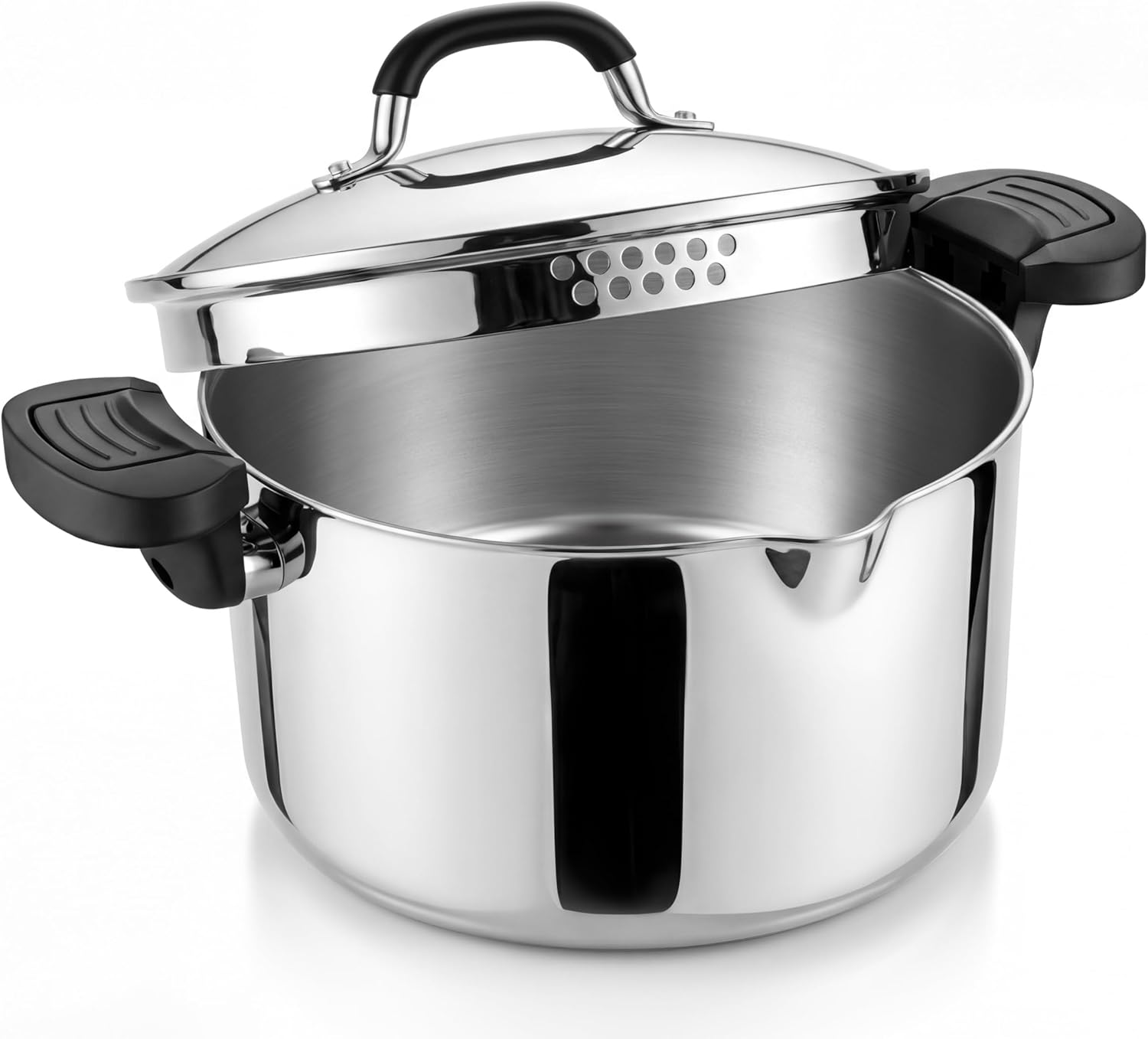 E-far Pasta Pot with Strainer Lid, 6 Quart Tri-Ply Stainless Steel Stock Pot & Push and Lock Handles, Non-toxic Multipurpose Cooking Pot for All Cooktops, Heavy Duty & Dishwasher Safe