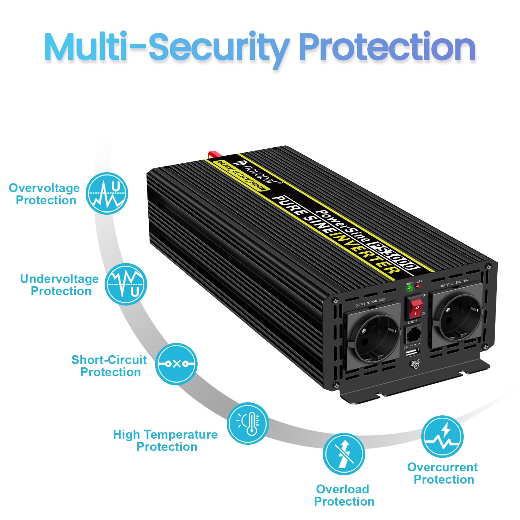 NOVOPAL Inversor 24V 230V Onda Pura 3000W Convertidor de Corriente Conversor 24V a 220V Transformador con 5m Control Remoto para Coche Camion — view 5