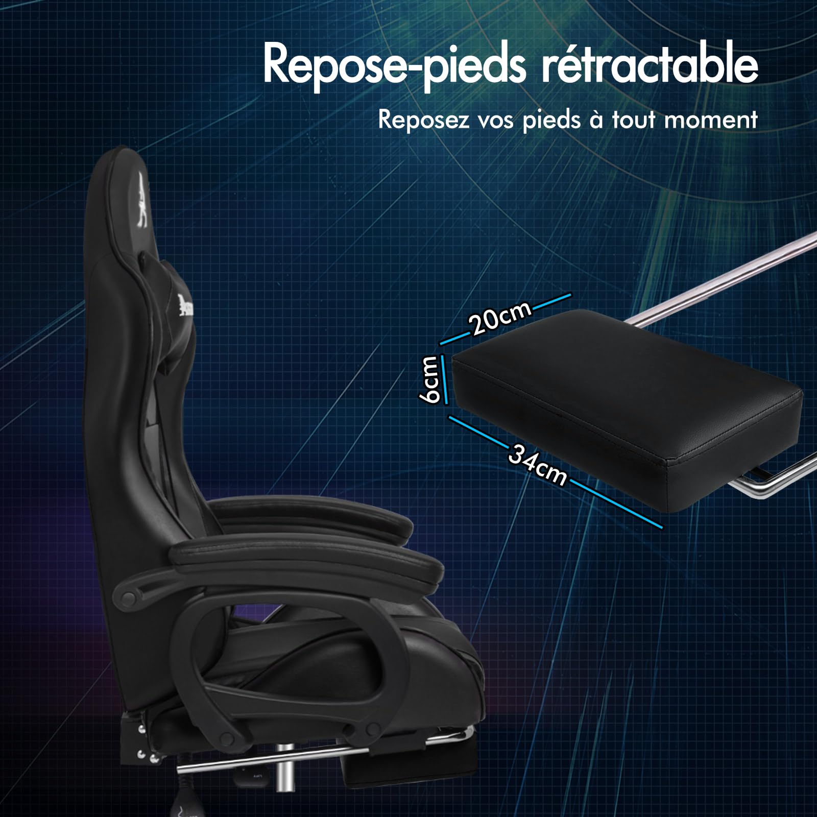 ALFORDSON Chaise Gaming Fauteuil Gamer, Chaise de Bureau Ergonomique avec Massant 2 Points, Repose Pied, Réglable Appui-tête Support Lombaire, Dossier Haut, Dossier Inclinable à 150°,Noir