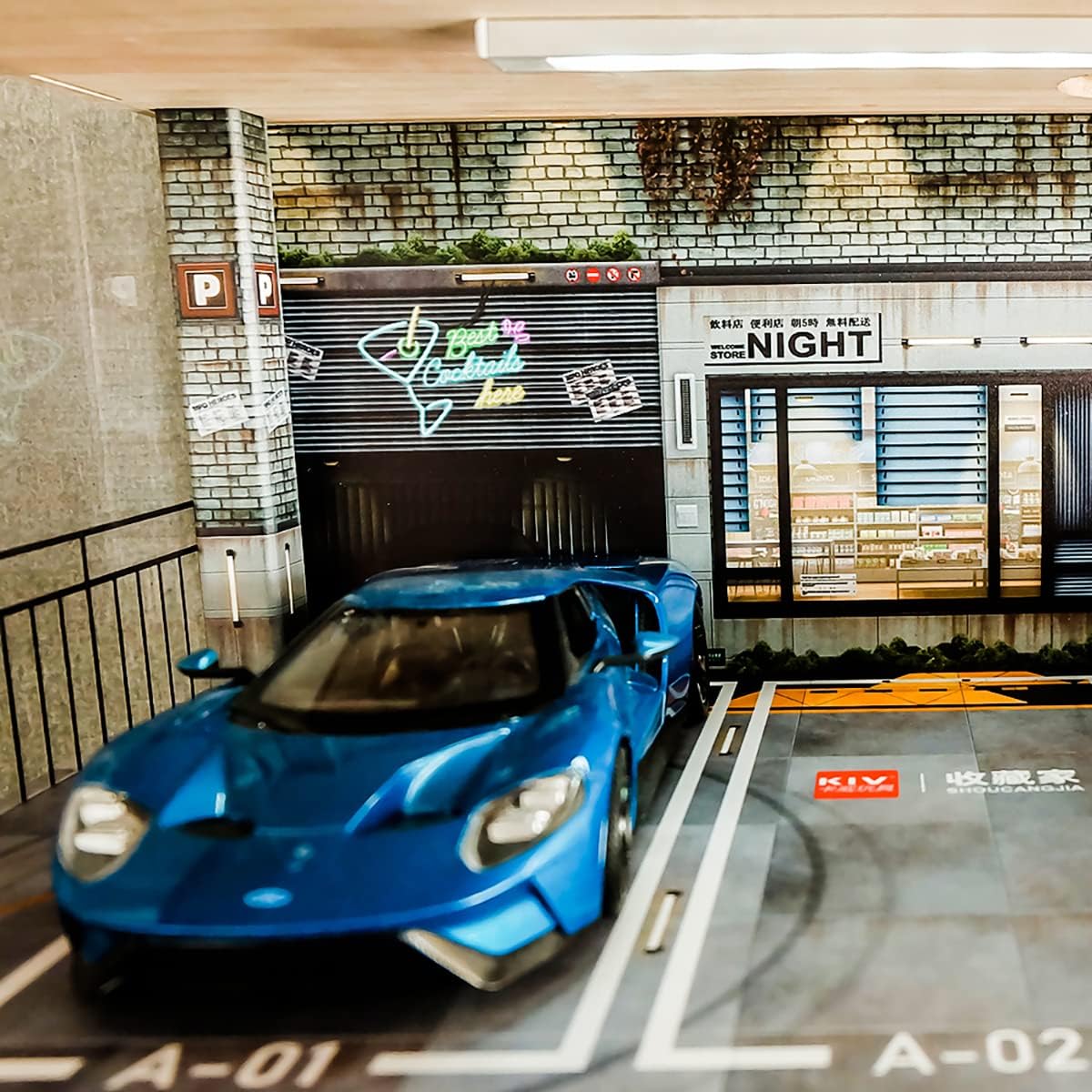 kivcmds 1:24 Scale Car Model Display Case with Parking Lot Scene for Sports Car and Lego Collectors, Display Stand for Alloy Car Model Toy with Light (3-Tiers Coffee Shop Parking Lot)