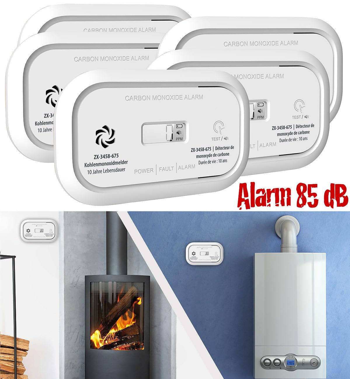 VisorTech Gasmelder Batterien: 5er-Set Digitale Kohlenmonoxid-Melder, 85 dB, Display, DIN EN 50291 (Kohlenmonoxid-Alarmdetektoren, Alarm Kohlenmonoxyd, Messgerät)