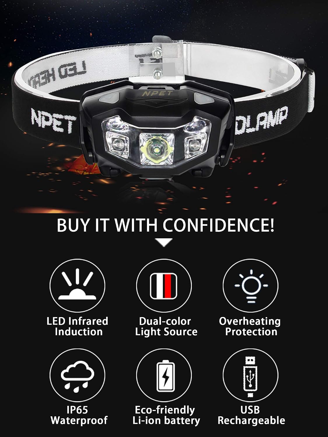 NPET Rechargeable Headlamp, 320 Lumen LED Motion Sensing Headlamp Flashlight with 6 Lighting Modes, Waterproof, Lightweight, Adjustable Headband, Perfect for Hiking, Camping, Running, Hunting