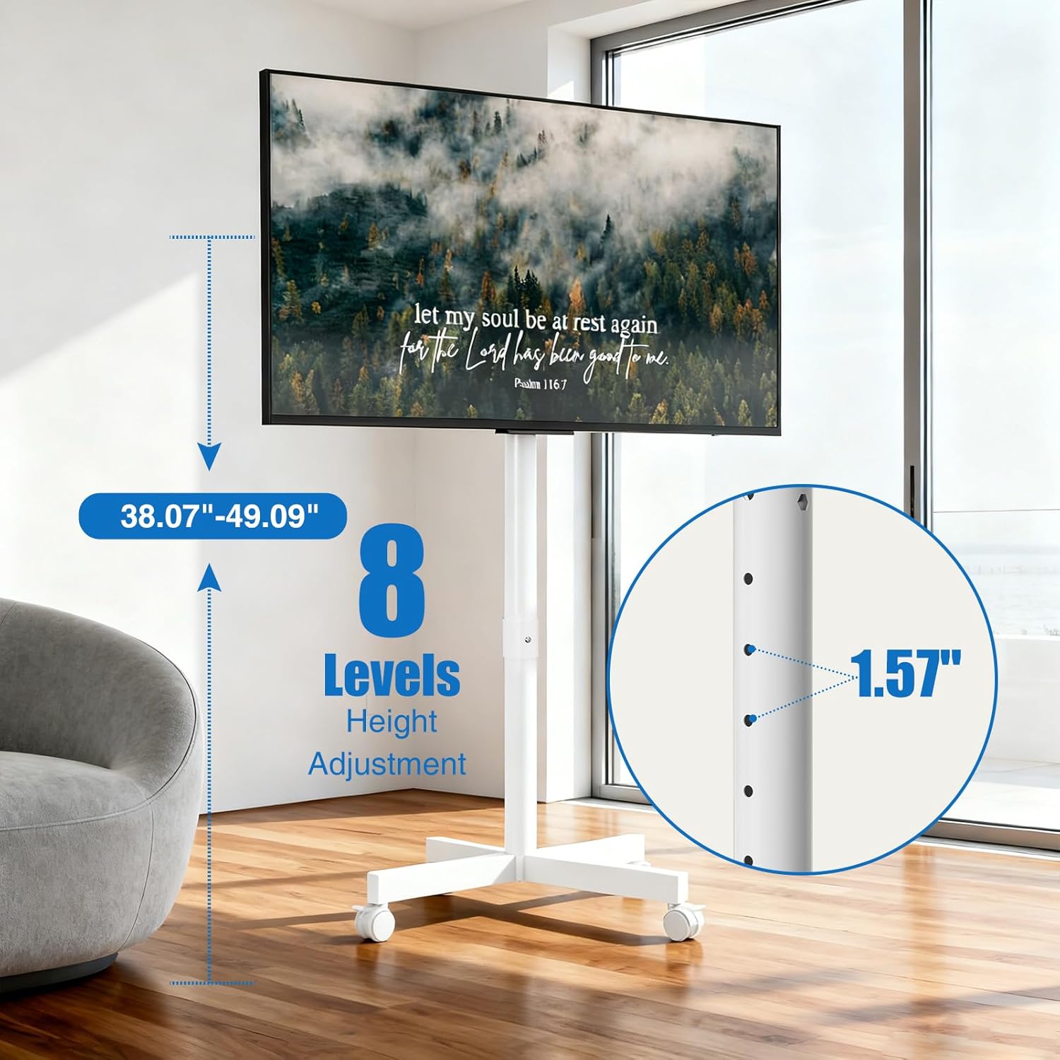 Mobile TV Cart, Floor TV Stand for 13-55 inch TVs with -10°/+15° Tilt Mount Holds up to 77 lbs, Height Adjustable Portable TV Stand for Flat/Curved Screens Max VESA 400x400mm, White