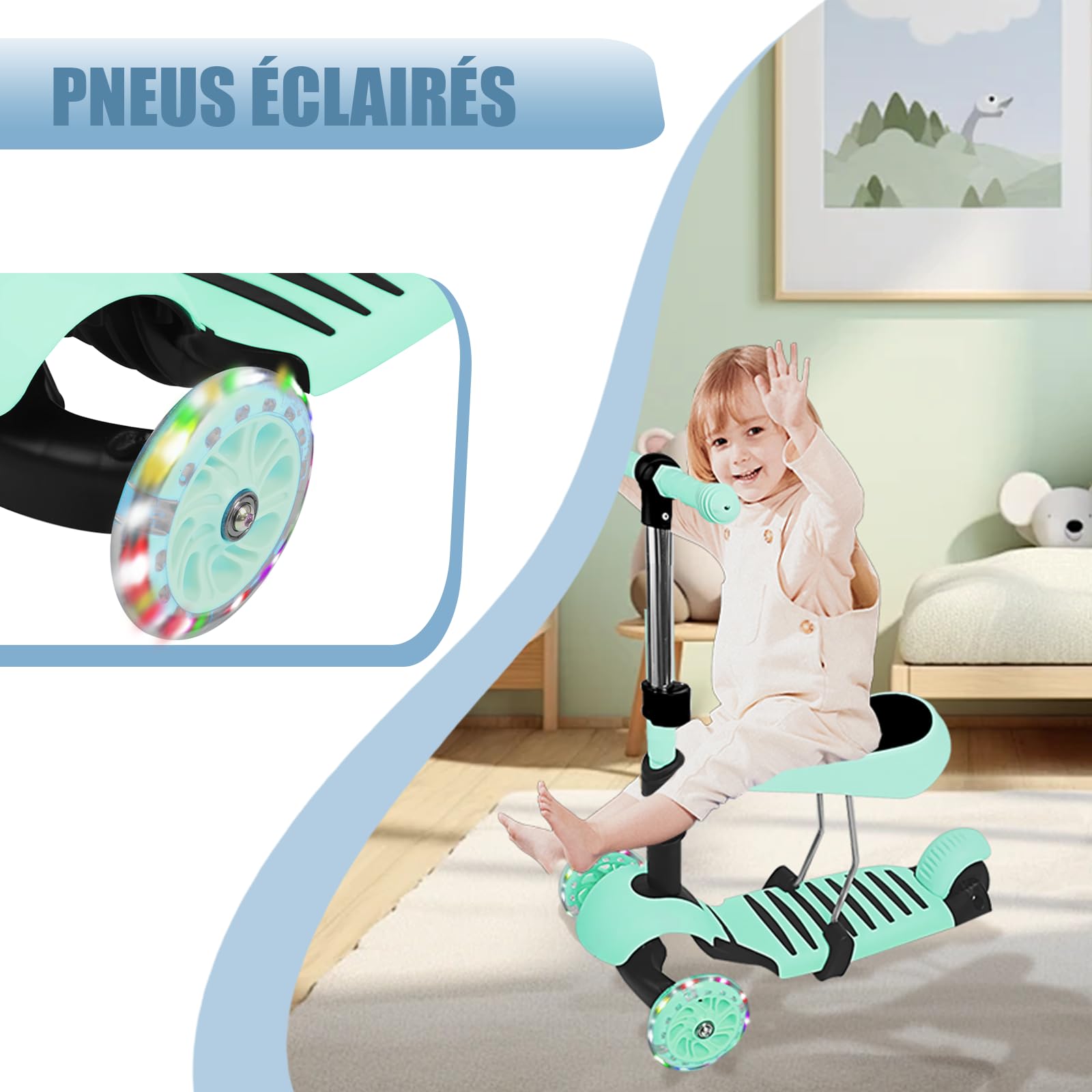 Patinete con asiento 3 en 1, 3 ruedas, bandeja antideslizante LED, patinete triciclo ajustable en altura, patinete infantil para niños de 18 meses a 8 años
