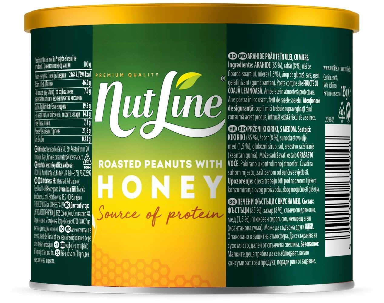 Nutline Arachidi Tostate al Miele – Set da 6 Barattoli da 135 g – Fonte di Proteine – Snack Croccante Dolce-Salato per Aperitivi, Uffici e Famiglie – Totale 810 g
