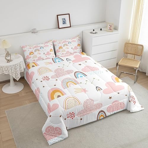 Miniatura 3 de Feelyou Juego de edredón de arcoíris de dibujos animados, tamaño individual, lindo juego de edredón de arco iris rosa para niños, niñas,