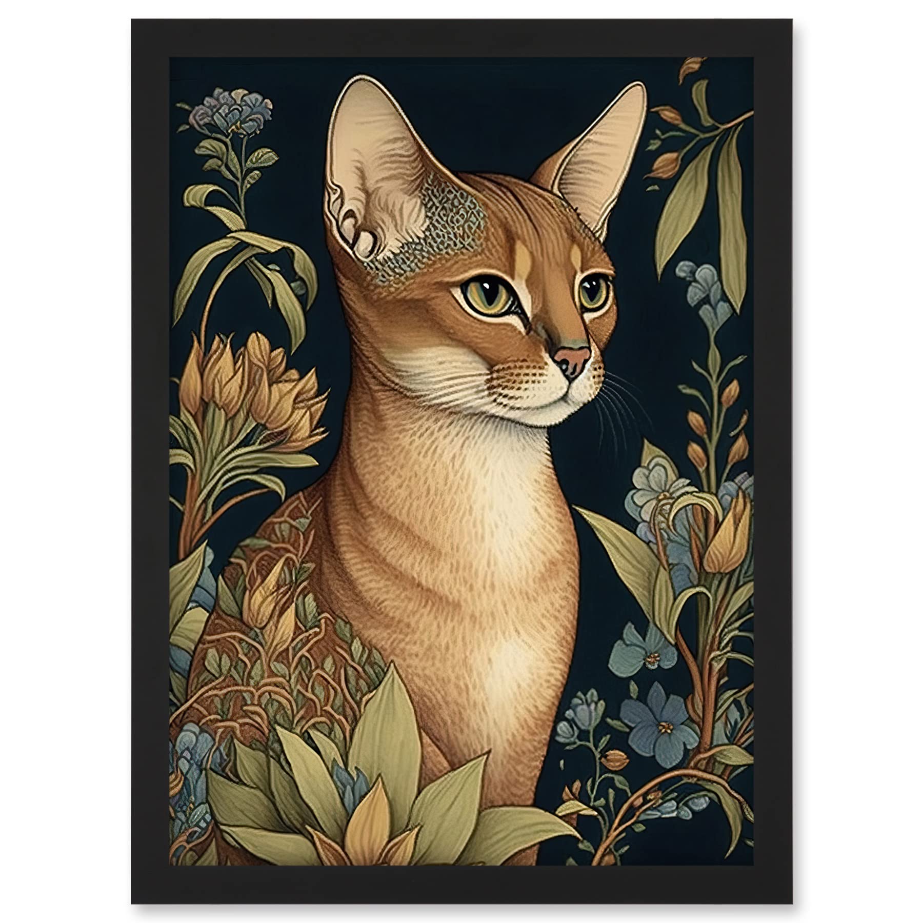 Artery8 Abyssinian Cat with Flowers Art Nouveau Modern Watercolour Illustration Artwork Framed A3 Wall Art Print