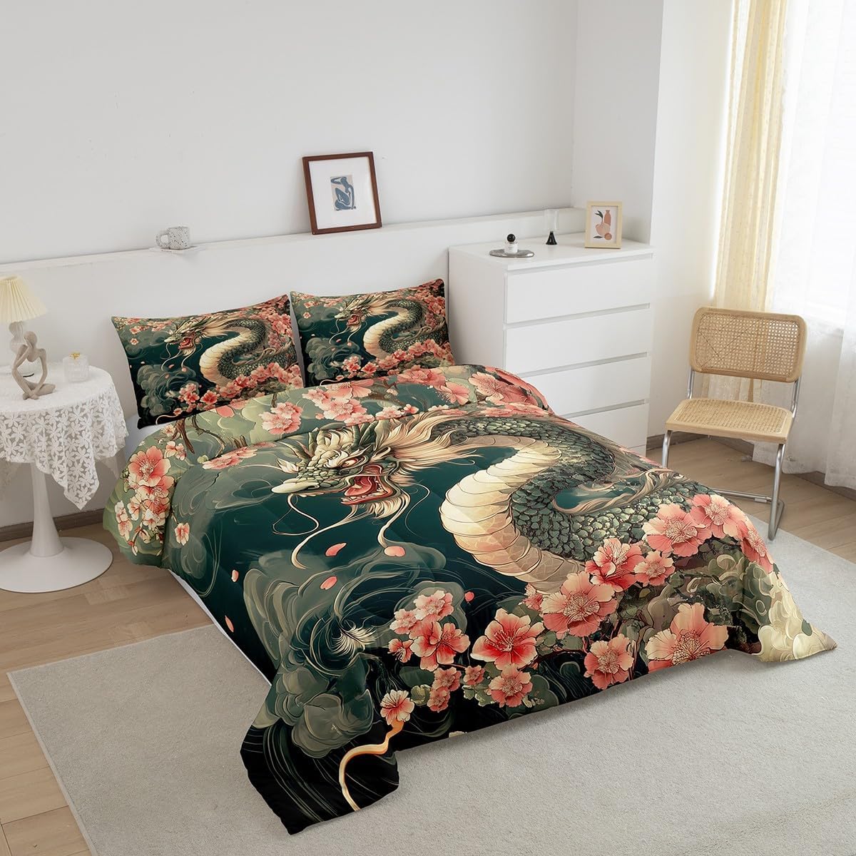 Erosebridal Dragon Queen Bedding Set Japanese Style Down Comforter Magical Animal Floral Comforter Set for Youth Teens Adult Chinese Heritage Historical Quilt for Bedroom with 2 Pillow Cases