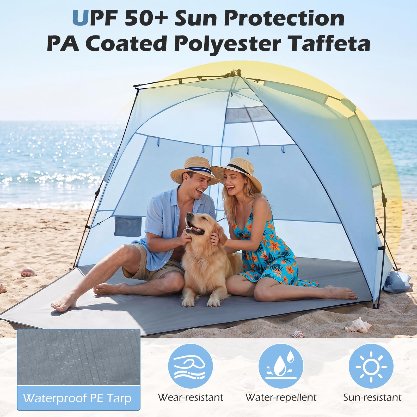 FANTASK Quick Up Tente de Plage pour 3 à 4 Personnes avec Porte zippée et 4 fenêtres en Maille, Protection V 50+, Tente Solaire avec Sac de Transport, piquets et 3 Sacs de Sable, pour Camping