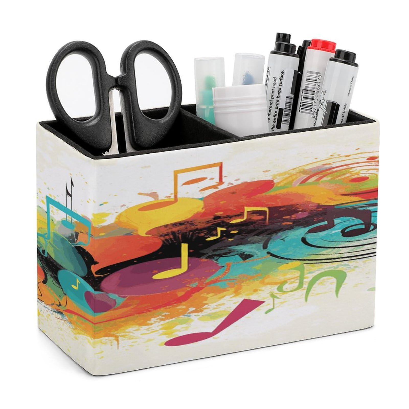 FekiLoot Abstract Music Themed Leather Pen Holder for Desk Double Compartments Brush Minimalist PU Leather Pencil Holder Locker Organizer for Work Locker Accessories Pencil Cup for Desk