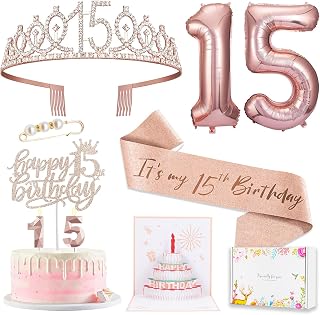15th Birthday Decorations for Girls, 15th Birthday Sash and Crown, Pop Up Card, Cake Topper, Number Candles and Balloons, 15 Year Old Gifts for Girls