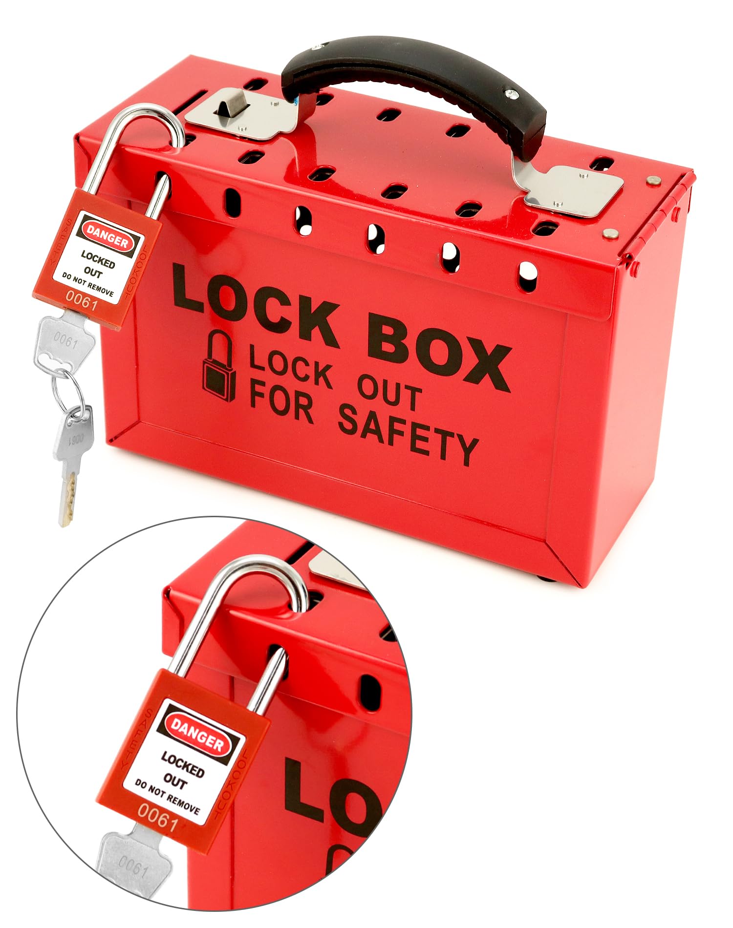 QWORK Kit de caja de bloqueo de etiquetado, con 10 cerraduras de loto diferentes con llave, caja de bloqueo de grupo portátil con 12 ranuras, para estación de etiquetado de bloqueo, rojo