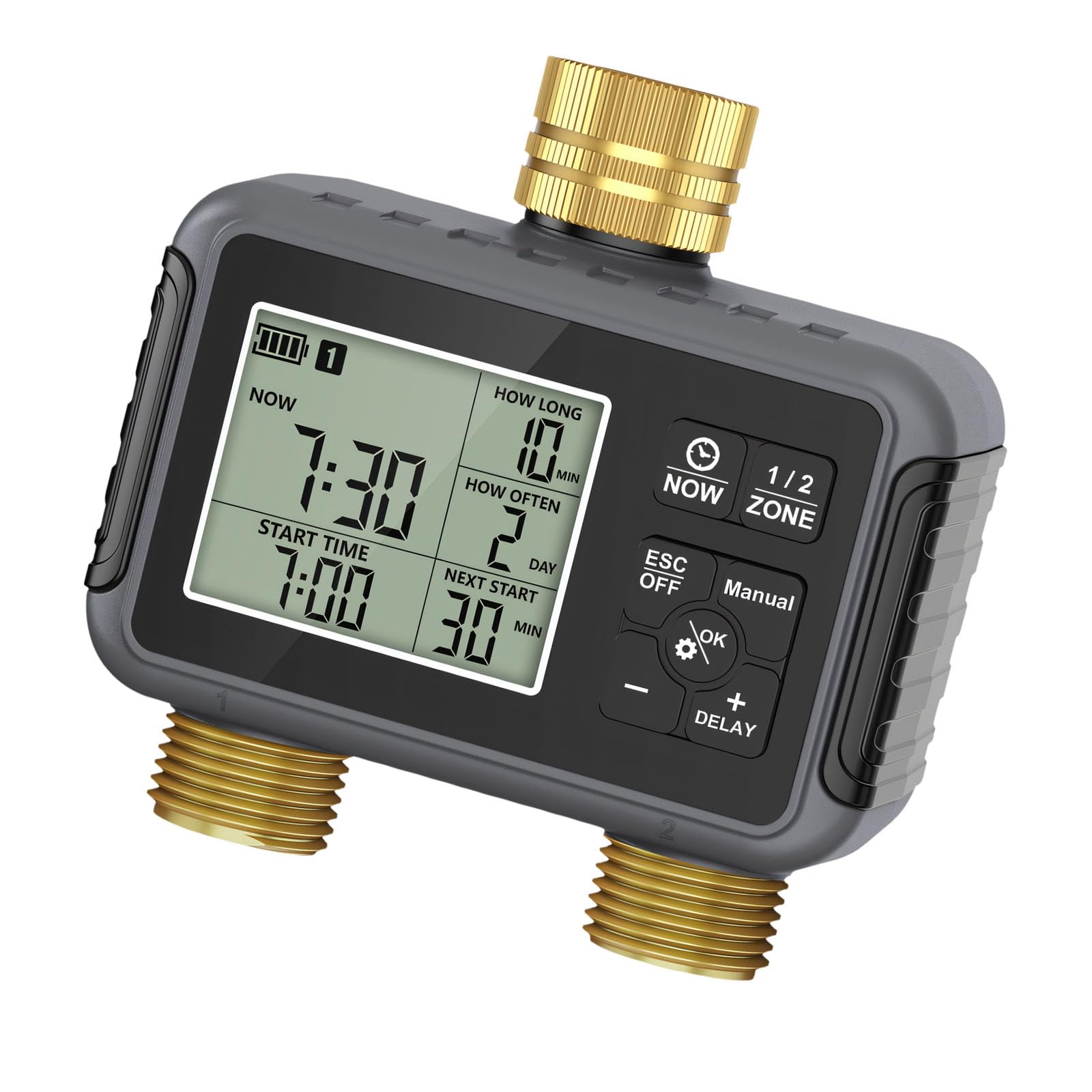 Brass Two Zone Automatic Garden Timer for Irrigation Featuring Rain Delay Option and Feature Timer for Drip Irrigation Structure
