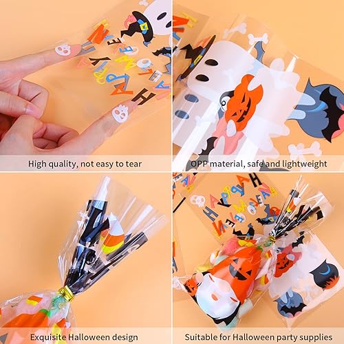 Miniatura 5 de LOKIPA 120 bolsas de celofán de Halloween, 6 estilos de bolsas de celofán de Halloween con 150 lazos giratorios para regalos de fiesta de truco o