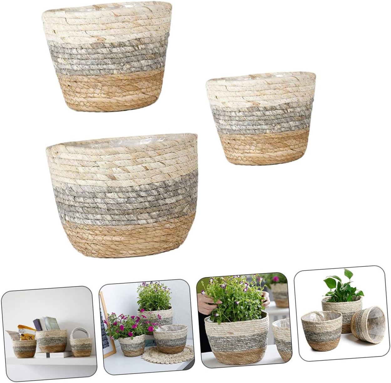 Yardwe 3pcs Hand-Woven Decorative Grass Flower Pot Basket Set Assorted s for Indoor Plants Natural Rustic Storage for Home Decor