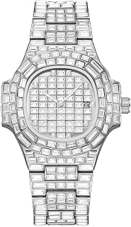 Men Diamond Watch Blinged-Out Full Iced Out Baguette Crystal Quartz Fashion Hip Hop Bust Down Stainless Steel Waterproof Watches