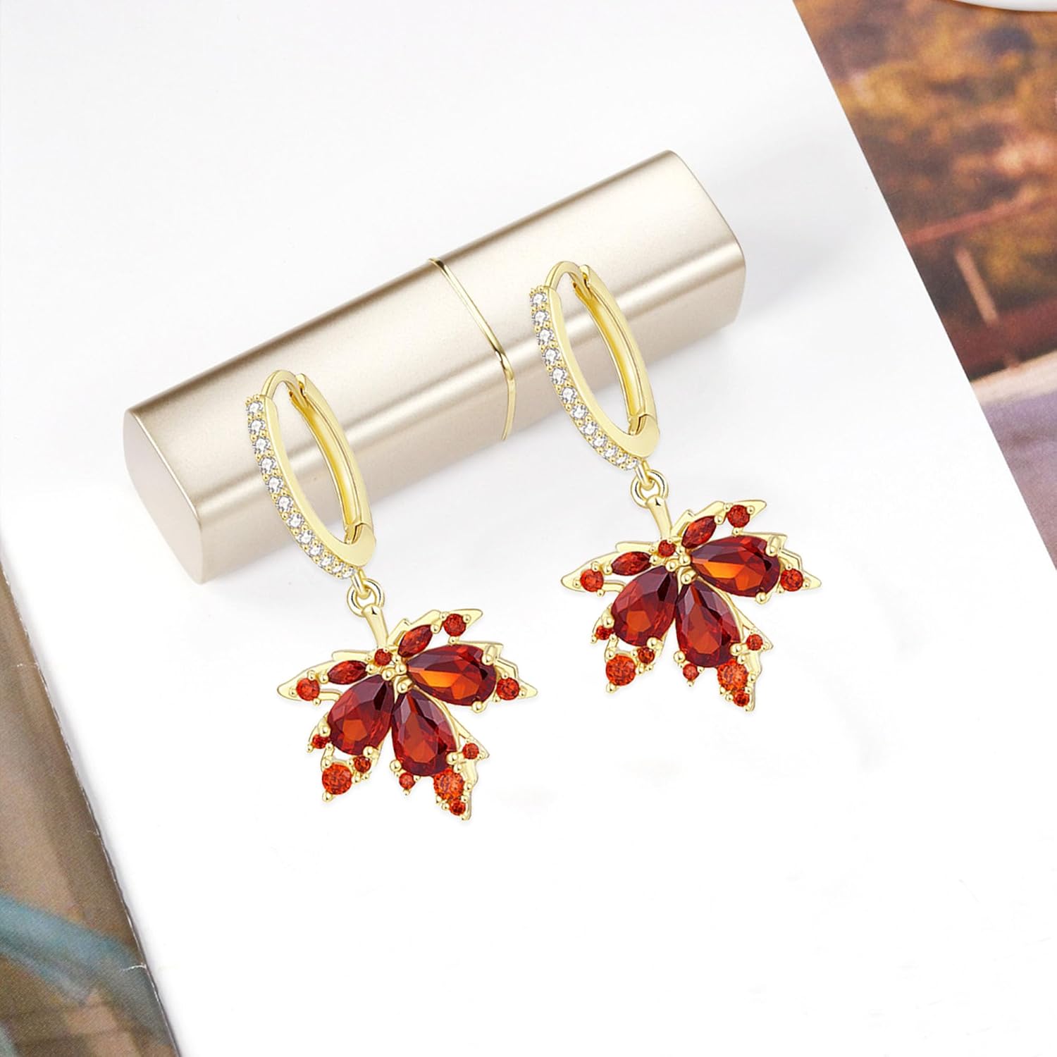 Dainty Maple Leaf Dangle Hoop Earrings Cubic Zirconia Crystal Leaves Tassel Drop Tiny Huggie Hoops Earring Fashion Jewelry Gifts for Women - Image 7