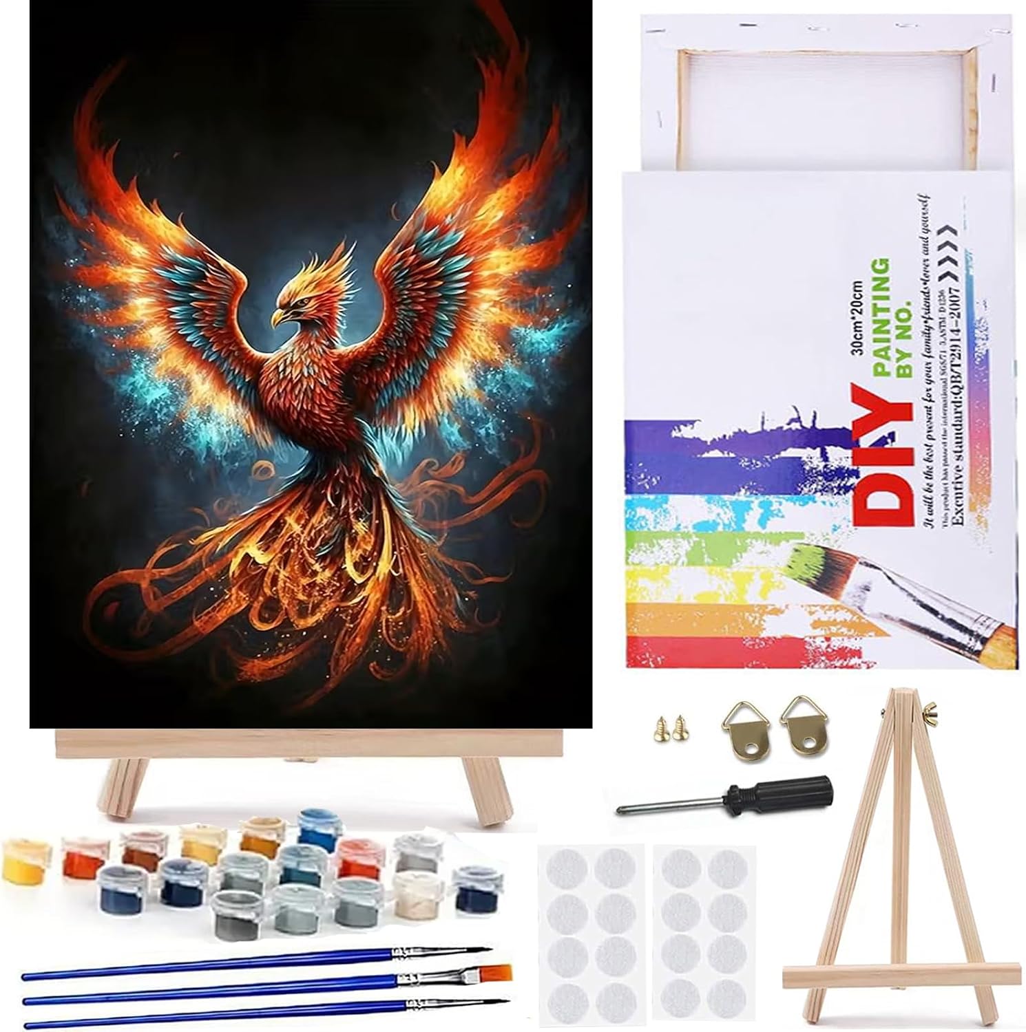 MaiMMaledy Paint by Numbers Kit for Adults Beginners Canvas Pictures with Framed Drawing Painting Acrylic Pigment with Wooden Triangle Easel Colorful Fire Phoenix 8Wx12L inch