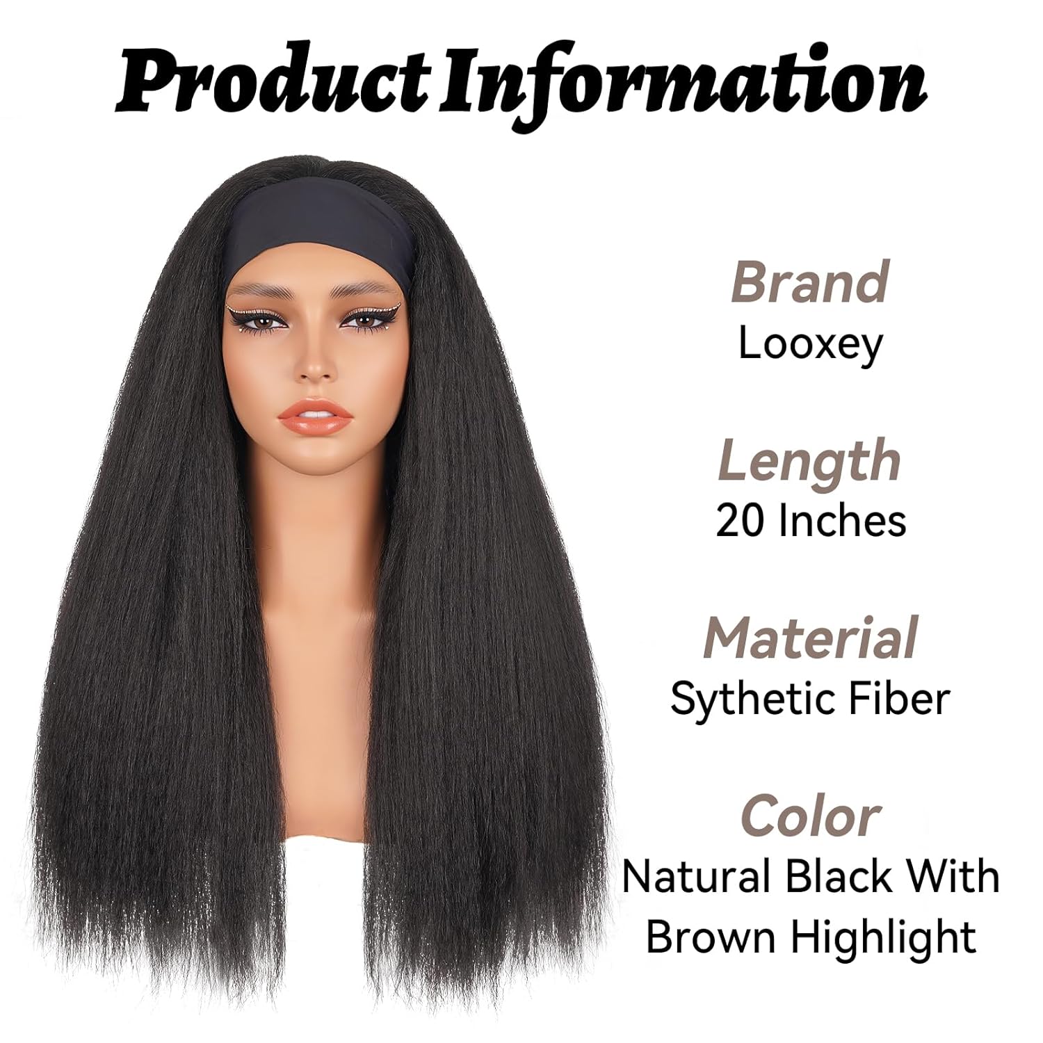 Kinky Straight Headband Wig, Yaki Straight Headband Wigs for Black Women, Synthetic Half Wigs with Headband, Glueless & No Lace Front, Soft Natural Look & Easy to Style