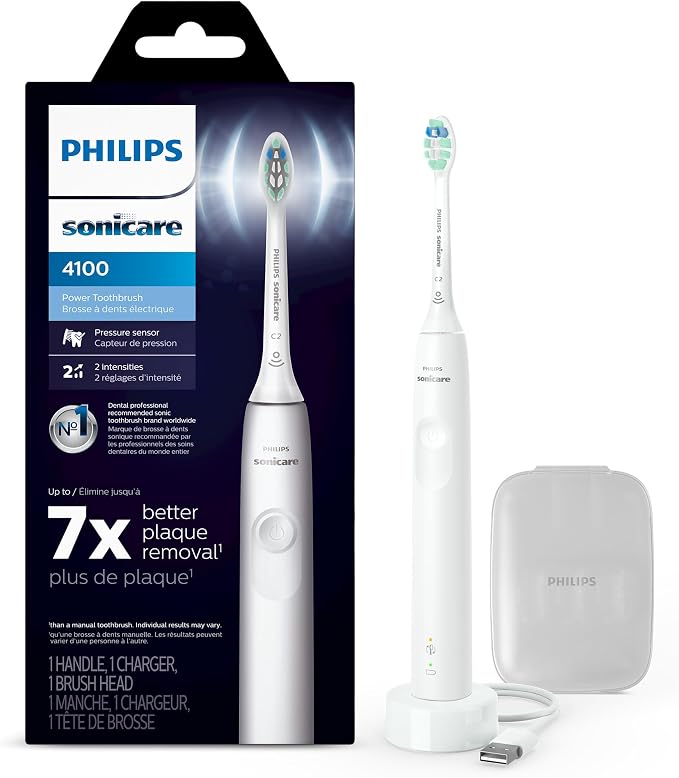 Philips Sonicare 4100 Rechargeable Electric Toothbrush, Advanced Plaque Removal, Pressure Sensor, Includes Brush Head Case, White BD5002AZ